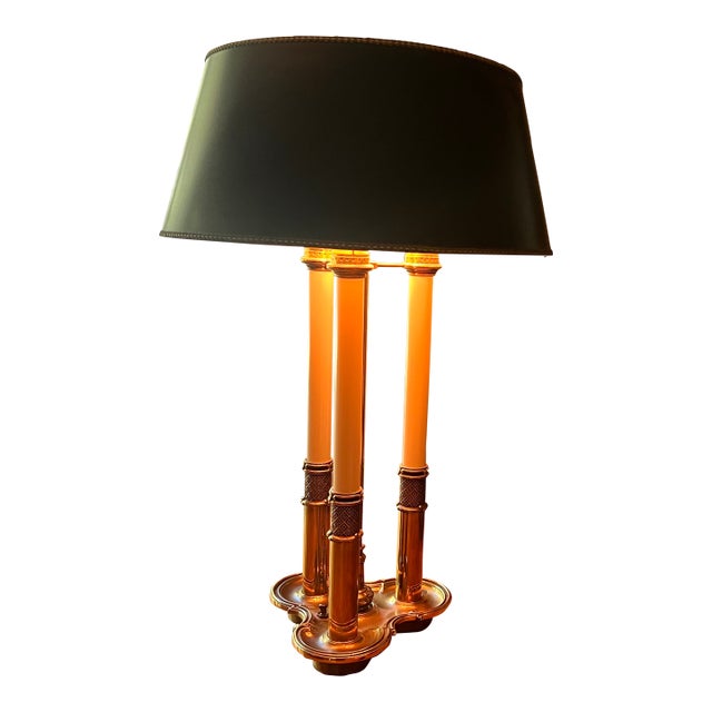 1960s Stiffel Bouillotte Brass Table Lamp – Mid-Century Neoclassical 3-Light, Adjustable Black Tole Shade For Sale