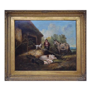 Large 19th Century Antique Barnyard Landscape Scene in the Manner of George Moreland For Sale