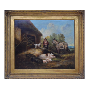 Large 19th Century Antique Barnyard Landscape Scene in the Manner of George Moreland