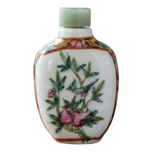 1970s Chinoiserie Porcelain Cabinet Bottle With Birds and Pomegranate