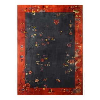 Antique Chinese Art Deco Floral Vase 1920s Knotted Dark Gray Wool Room Size Rug For Sale