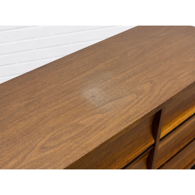 Mid Century Modern Walnut Lowboy Dresser | Sculpted Front 6 Drawer Credenza | Refinished Vintage MCM Bedroom Storage Cabinet, C. 1960’s For Sale - Image 14 of 16
