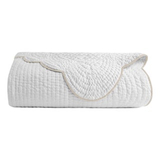 Chairish x Kassatex Quilted Scallop Twin Coverlet, White/Taupe For Sale