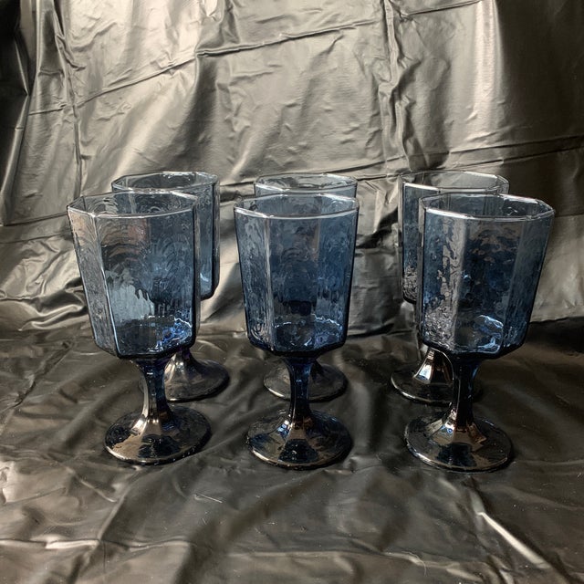 Contemporary 1980s Textured Octagonal Dusky Blue Cobalt Water Glass Goblets - Set of 6 For Sale - Image 3 of 6