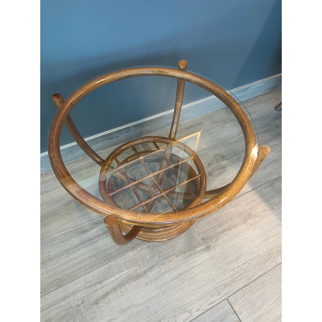 Boho Chic Vintage Round Bamboo and Glass Side Table For Sale - Image 3 of 5