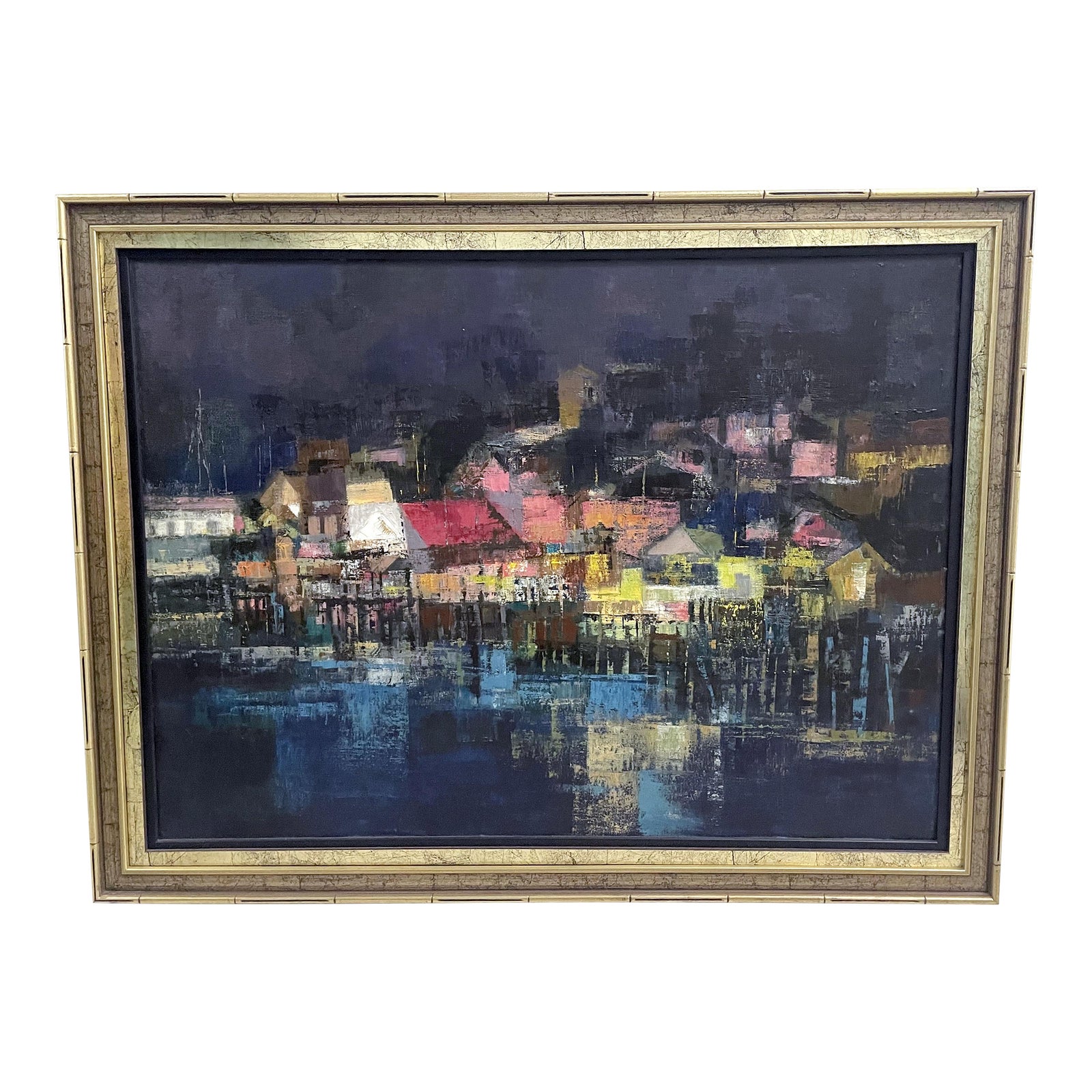 MidCentury Style Abstract Nightscape Painting by Jean Kalisch, Framed