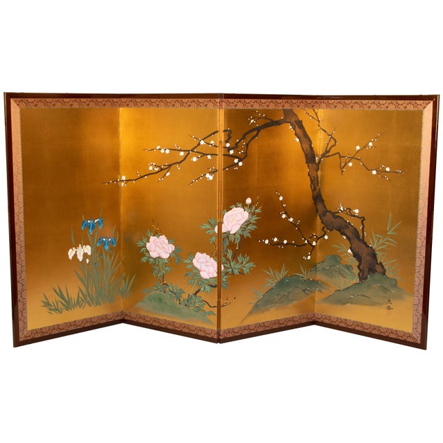 "Plum Blossom, Peonies and Irises" by Kokei, Showa Era Japanese Byobu Screen For Sale - Image 4 of 18