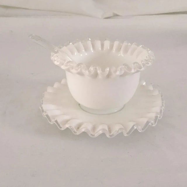 Midcentury Milk Glass Mayonnaise Bowl with Under plate and Ladle Gorgeous White Glass Dip Condiment Bowl, no makers mark....
