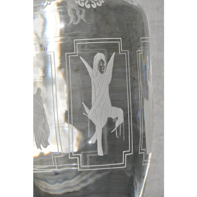 Pair of Large and Heavy Italian Solid Clear Crystal Candlesticks With Etched Art For Sale - Image 9 of 13