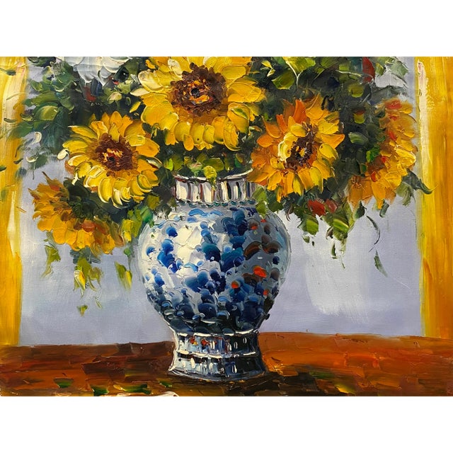 2010s Impasto Oil Paint Canvas Art Sunflowers Bw Vase Scroll Painting For Sale - Image 5 of 6