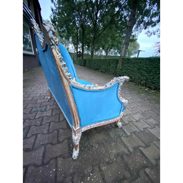 1970 French Louis XVI Pastel Beech Blue Velvet Settee For Sale - Image 9 of 15