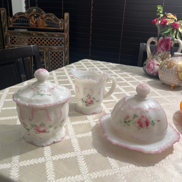 Antique Dithridge Versailles Milk Glass 3 Piece Table Set For Sale - Image 11 of 12