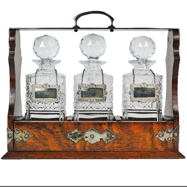 Oak Tantalus With Crystal Decanter Set With Sterling Silver Labels