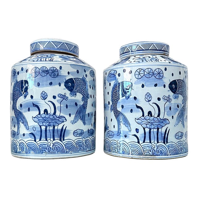Contemporary Chinoiserie Costal Porcelain Blue & White Tea Jars- a Pair For Sale