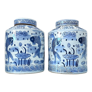 Contemporary Chinoiserie Costal Porcelain Blue & White Tea Jars- a Pair