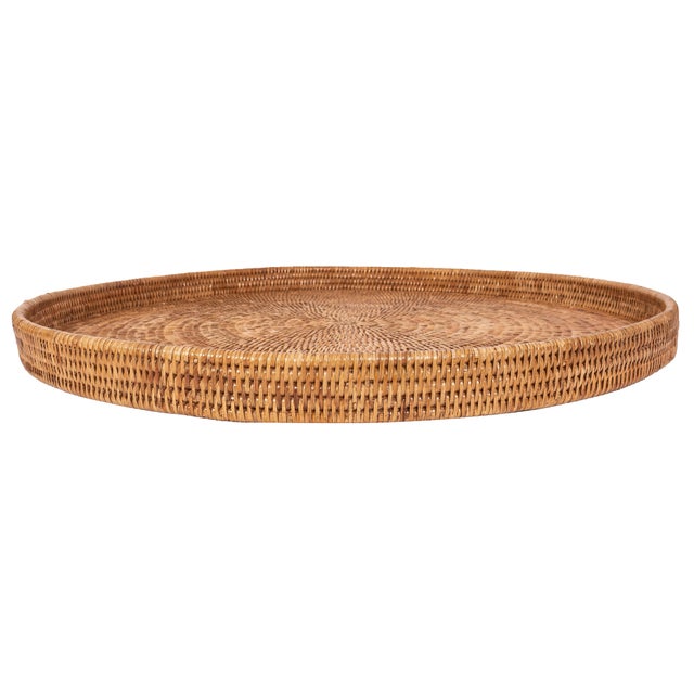 2020s Artifacts Rattan Round Serving Ottoman Tray 28" Diameter, Honey Brown For Sale - Image 5 of 6