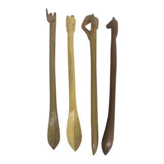 Vintage Carved Animal Wood Condiment or Sugar Spoons- Set of 4 For Sale