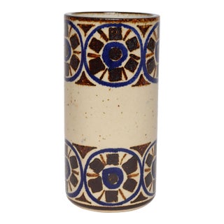 Scandinavian Modern Stoneware Cylindrical Vase With Geometric Motif For Sale
