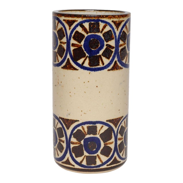 Scandinavian Modern Stoneware Cylindrical Vase With Geometric Motif For Sale