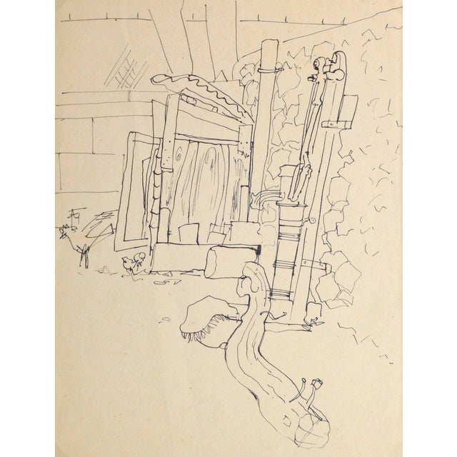 Jean Charles Lauthe, Vintage French Pen & Ink Drawing - French Courtyard For Sale