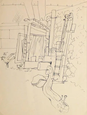 Jean Charles Lauthe, Vintage French Pen & Ink Drawing - French Courtyard