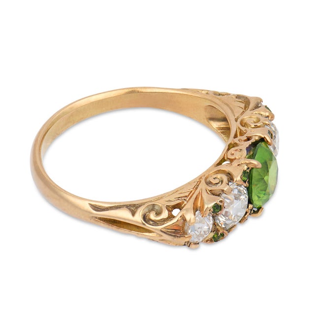 Victorian Late 19th Century Victorian Demantoid Garnet Old European Cut Diamond 14k Yellow Gold Ring, Size 7.25 For Sale - Image 3 of 5