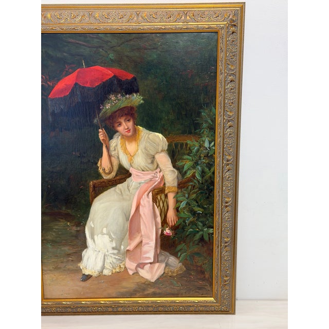 19th Century Oil Portrait of an Elegant Victorian Lady With Red Parasol, Signed by William Oliver (1823–1901) Gilt Framed For Sale - Image 10 of 18
