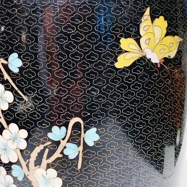 Antique Late 19th Century Cloisonne Vase Depicting Mums Flowers and Butterflies on Black For Sale - Image 4 of 5