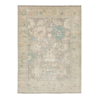 11x16 Modern Oushak Style Hand-Knotted Wool Area Rug in Taupe, Soft Teal & Blush For Sale
