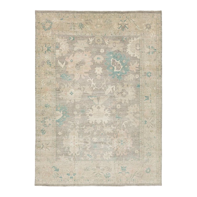 11x16 Modern Oushak Style Hand-Knotted Wool Area Rug in Taupe, Soft Teal & Blush For Sale