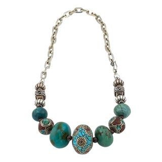 Chunky Chinese Turquoise Bead Necklace With Sterling Silver Chain For Sale