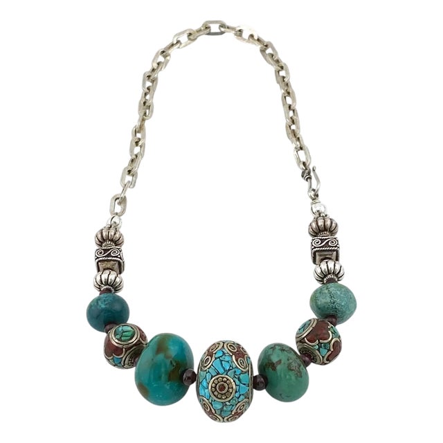 Chunky Chinese Turquoise Bead Necklace With Sterling Silver Chain For Sale