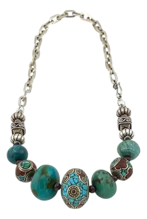 Chunky Chinese Turquoise Bead Necklace With Sterling Silver Chain