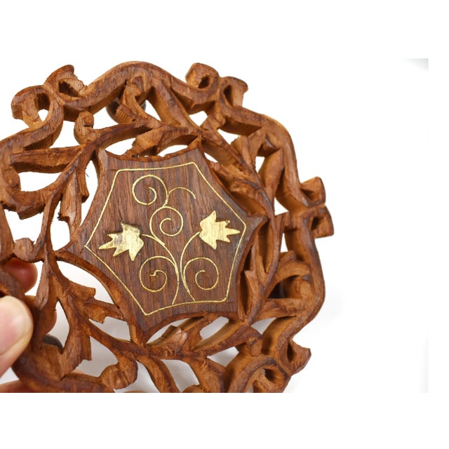Wood Late 20th Century Hand Carved Floral Design Wooden Inlaid Brass Footed Trivets - 3 Pieces For Sale - Image 7 of 11