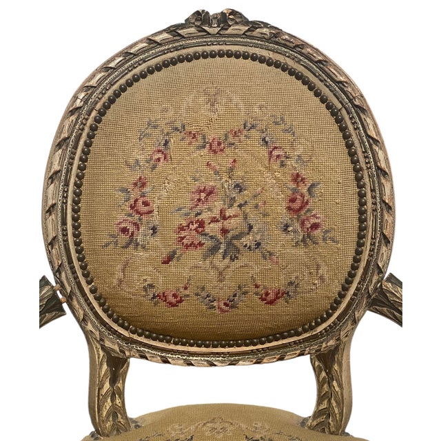 Textile 1930s Vintage French Provincial Fauteuil Chair With Floral Needlepoint Design For Sale - Image 7 of 12