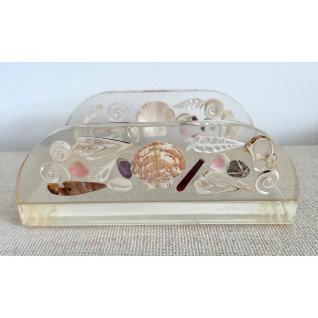 Vintage Thick Lucite Shell Encrusted Guest Napkin Holder For Sale - Image 4 of 10