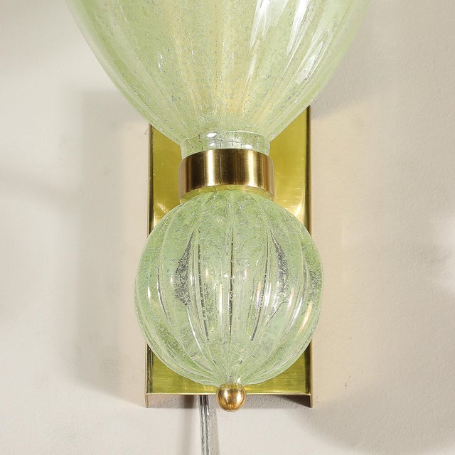 Pair of Modernist Pale Jade Hand-Blown Murano Glass Sconces W/ Brass Fitting For Sale In New York - Image 6 of 12