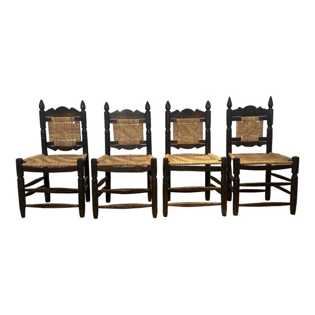 4 Vintage Mexican Wood & Woven Rush Seat Chairs For Sale