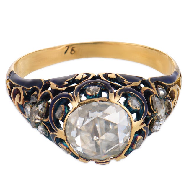 Victorian 19th Century Victorian Rose Cut Diamond 18k Yellow Gold Enamel Engagement Ring, Size 7 For Sale - Image 3 of 6