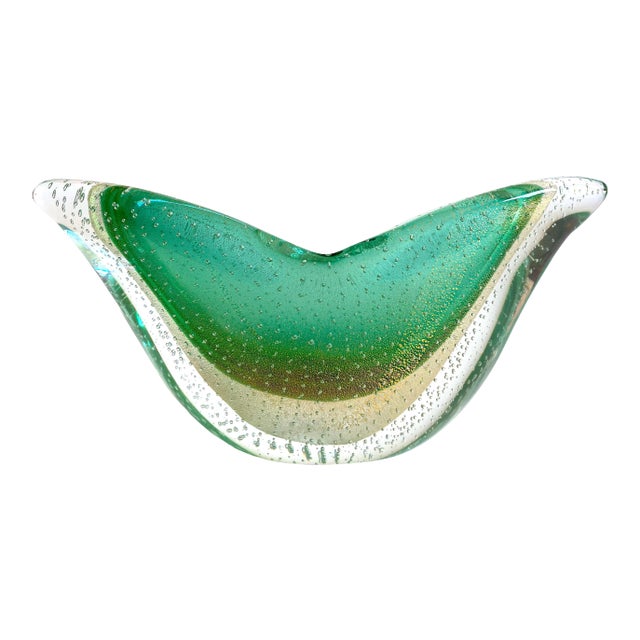 Barovier & Toso Mid Century Modernist Murano Art Glass Pistachio Green Gold Leaf Fleck Bullicante Winged Crescent Sommerso Bowl Vase For Sale