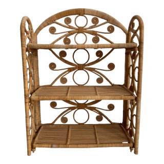 1970s Bentwood Fiddlehead Wicker Bamboo Folding Three Shelf For Sale