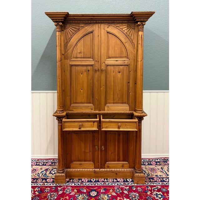Wood Vintage English Large Pine Cupboard Cabinet Corinthian Capitals Fluted Columns For Sale - Image 7 of 16