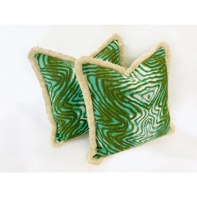 Abstract “Wavelength” Verde Sustainably Handprinted on Hemp/Cotton Twill Pillow Cover For Sale - Image 3 of 11