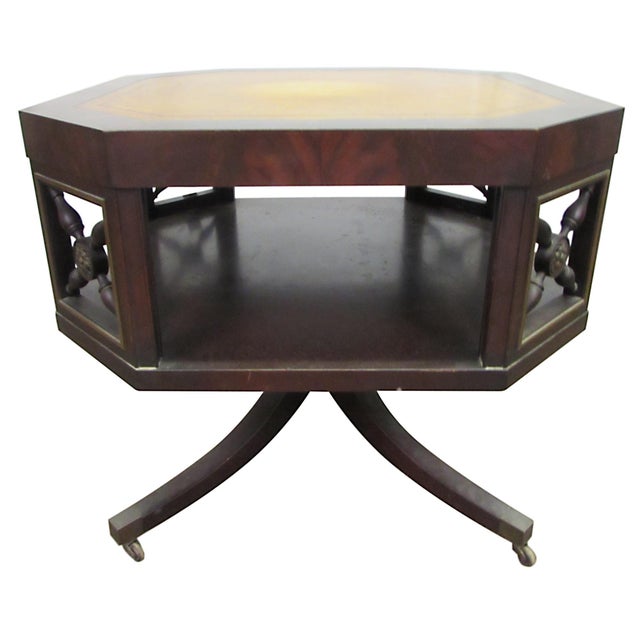 Antique Octagon Shaped Leather Top Rolling Side Table For Sale - Image 9 of 10