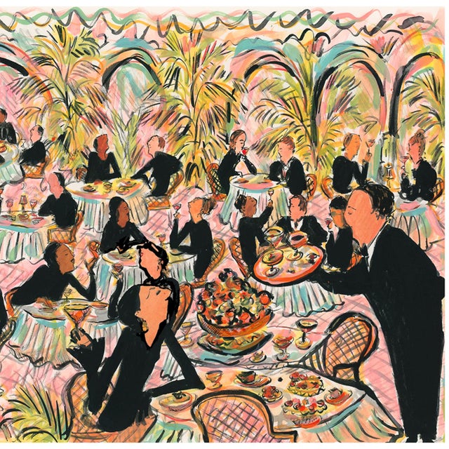 A whimsical scene taking place in an elegant palm filled dining room with a fanciful lady in the foreground being catered...