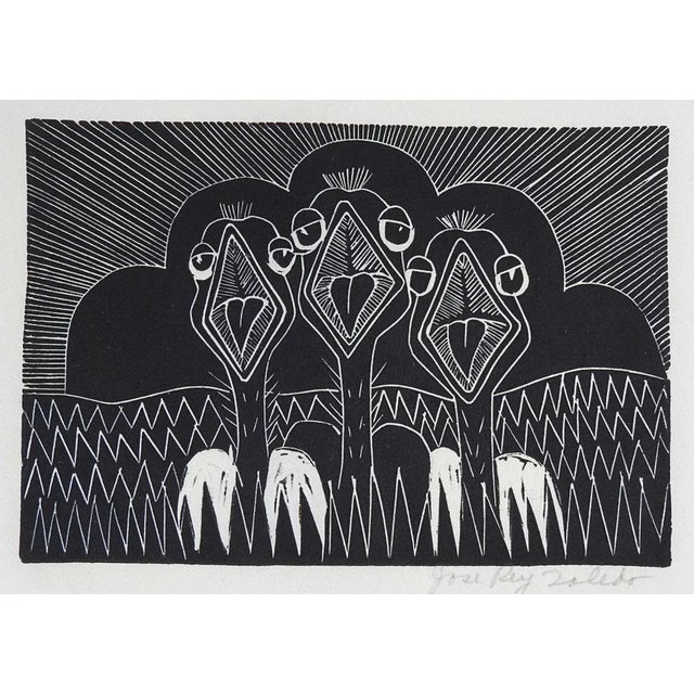 Vintage Mid 20th Century Jose Rey Toledo Three Baby Birds Woodcut For Sale - Image 4 of 4