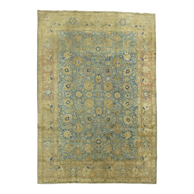 Antique Zabihi Collection Persian Tabriz Blue Soft Brown Rug - 7'3" x 9'10" For Sale