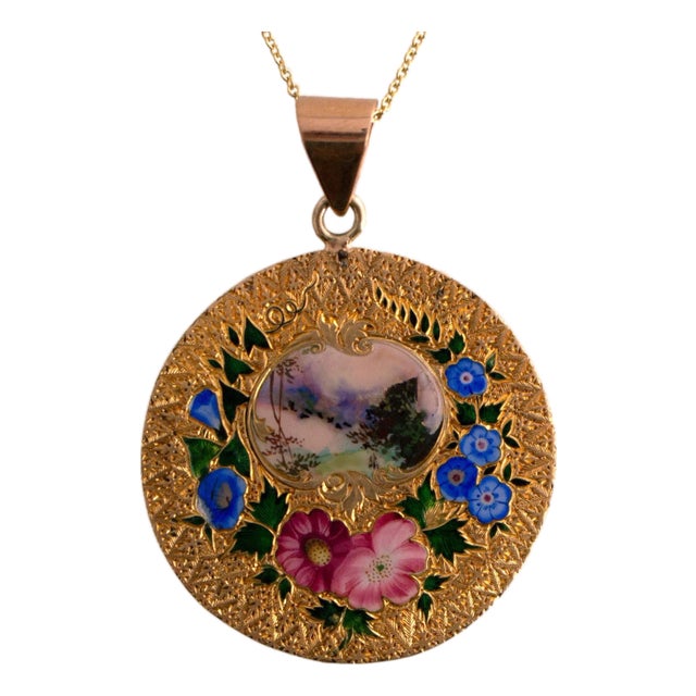 Art Nouveau Floral Enameled Pendant on Chain For Sale