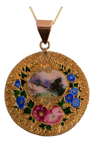 Art Nouveau Floral Enameled Pendant on Chain