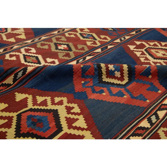 Handmade Vintage Turkish Kilim Wool Rug Allover Geometric in Blue and Red For Sale - Image 4 of 9